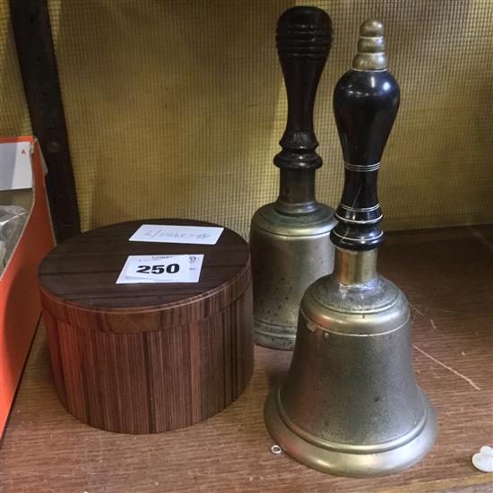 2 brass hand bells and elm circular box